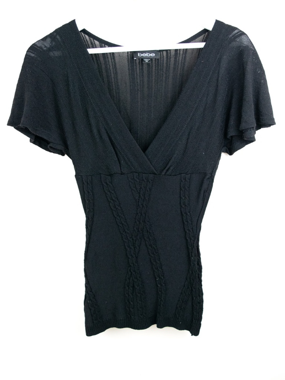 Bebe V-neck Short Sleeve Knit Cable Textured Flutter Sleeve Black Size XS